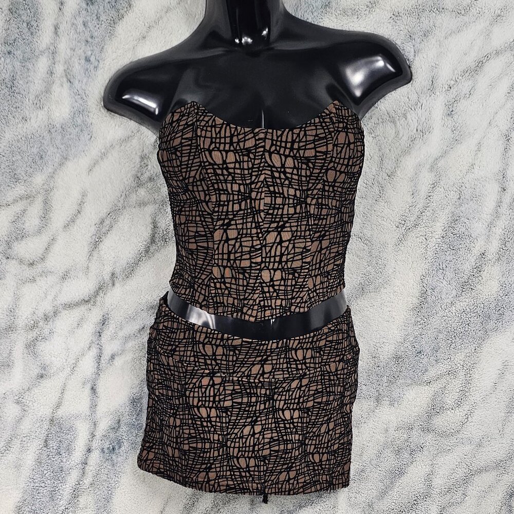 New Pink Medium Brown and Black Mesh Velour Set Corset Top and Skirt